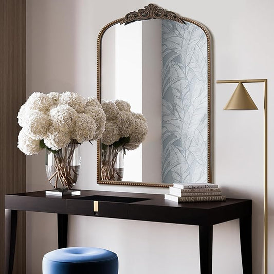 Micasso Traditional Ornate Metal Frame Arch Wall Mirror Baroque Vintage Vanity Mirror for Bathroom, Mantel, Bedroom, Antique Bronze 36"x 24"