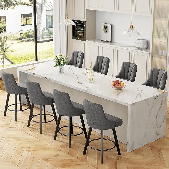 Swivel Bar Stools with Backs, 24" Counter Height Bar Stools Set of 8, Fabric Upholstered Counter Barstools with Solid Wood Legs for Kitchen Island, Home Bar, Dark Gray