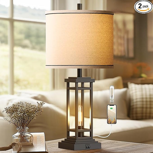 ROTTOGOON 27.5 Tall Farmhouse Table Lamp with USB C + USB A Charge Ports, Rustic Living Room Lamp, Black Industrial End Table Lamp for Bedroom Living Room Nightstand (Black)
