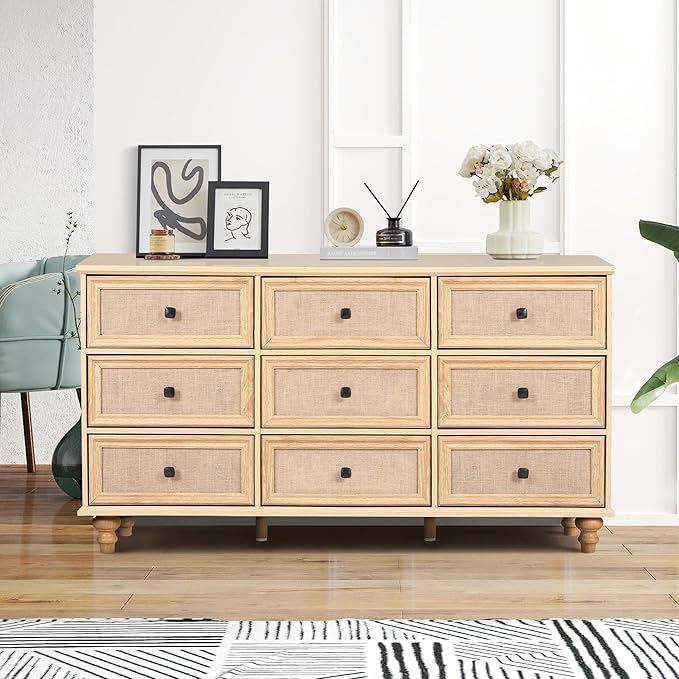 ORRD 9 Drawer Dresser for Bedroom, Mid Century Modern Wide Wood Rustic Chest of Drawers Wooden Storage Organizer Dressers with Burlap Rattan Drawers for Living Room, Hallway Closet, Entryway, Natural