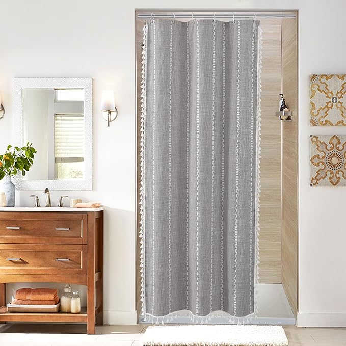 MitoVilla Grey Small Stall Shower Curtain 36 x 72, Half Size Narrow Polyester Linen Fabric Shower Curtains for Boho Farmhouse Bathroom Decor, Wrinkle Resistant Cloth Shower Curtain