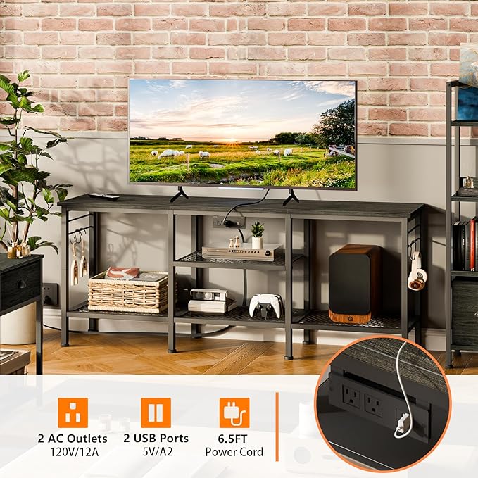 Furologee TV Stand with Power Outlets, Entertainment Center with Open Storage Shelves for TVs up to 55 Inch, Media Console Table with Soundbar Shelf for Living Room, Bedroom, Black Oak