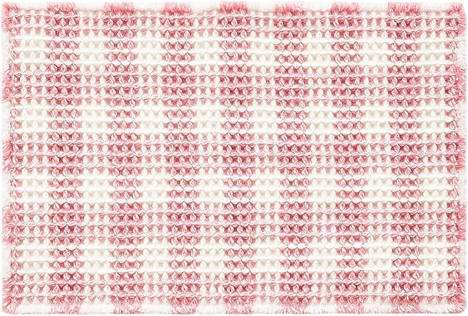 Waffle Bath Mat, Boho Bathroom Rugs Non Slip Washable Absorbent Checkered Bathroom Mat Quick Dry Cute Bath Mat, 24"x16" Pink and White