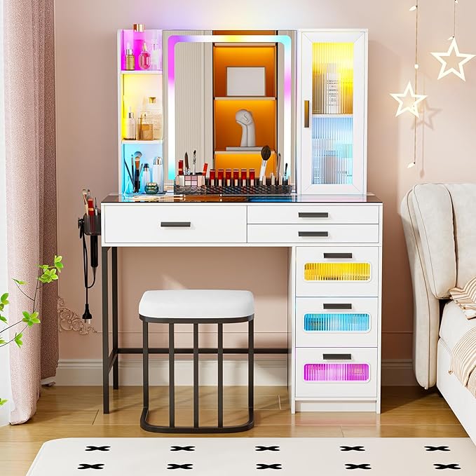 Vanity Desk with Mirror and RGB Lights，Glass top Makeup Vanity Table Set with Stool & Charging Station, Dressing Table with RGB Cabinet,6 Drawers,Lipstick Grid for Bedroom,White
