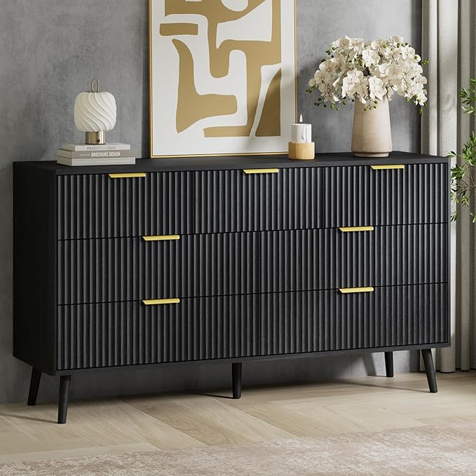 LYNSOM Fluted Dresser and Nightstand Set, 3 Pieces Bedroom Set, 55 Inch Wide 7-Drawer Dresser & 1-Drawer Nightstands Set of 2, Modern Dressers Set for Bedroom, Living Room, Black