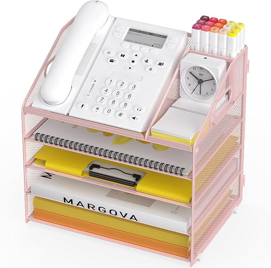 Letter Tray Paper, 5 Tier Desk Organizer with Pen Holder and Handle, Mesh File Organizer Paper Sorter Metal Desktop Document Shelf for Office Home Classroom - Pink