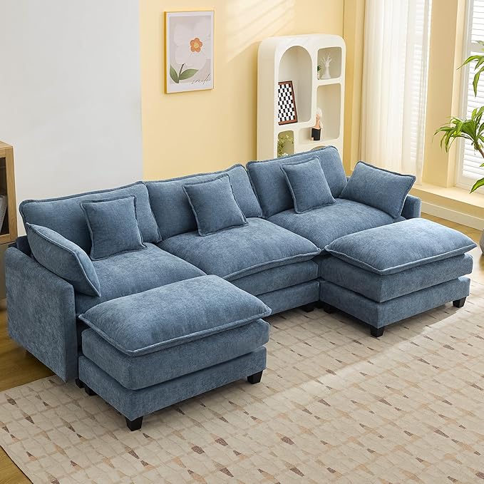 111'' Sectional Cloud Deep Seat Couch, Oversized Chenille U Shaped Sectional Sofa for Living Room Set, Comfy Upholstered Modular 5-Seats Sectional Sofa Couch with 2 Movable Ottoman,Blue