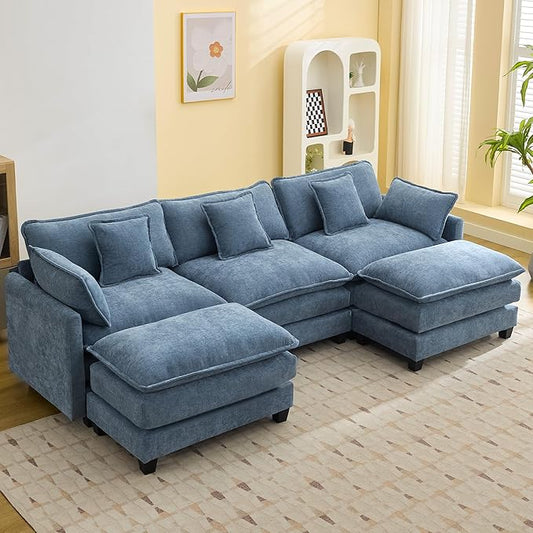 111'' Sectional Cloud Deep Seat Couch, Oversized Chenille U Shaped Sectional Sofa for Living Room Set, Comfy Upholstered Modular 5-Seats Sectional Sofa Couch with 2 Movable Ottoman,Blue