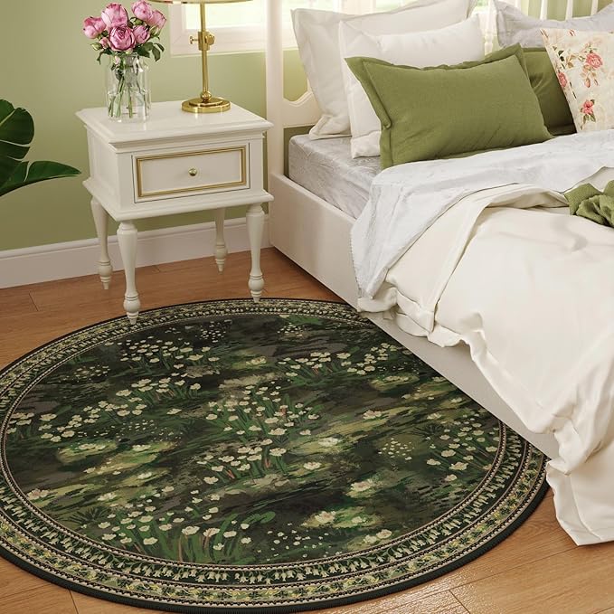 Circle Rug Impressionist-Style Vintage Round Rug 4ft Non Slip Low Pile Small Circular Rug for Bedroom Bathroom Entryway Kids Room Office College Dorm, Green