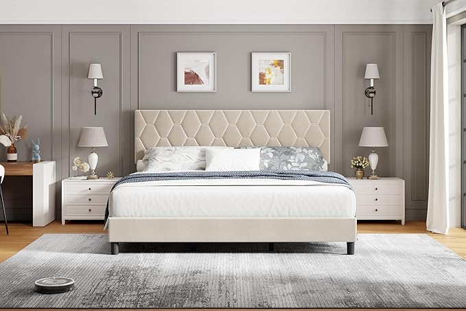 GAOMON Beige Full Bed Frame with Upholstered Headboard, Heavy-Duty Platform Bed Frame with Strong Wood Slats, No Box Spring Needed/Noise Free/Easy Assembly