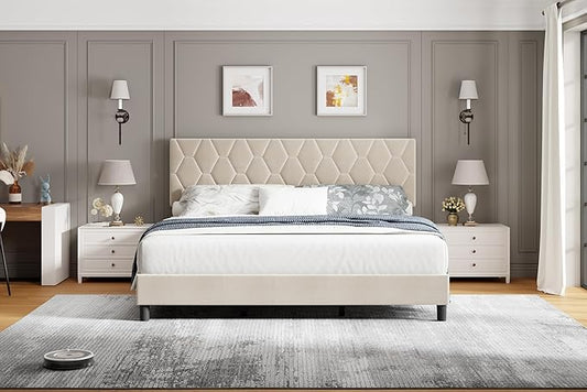 GAOMON Beige Full Bed Frame with Upholstered Headboard, Heavy-Duty Platform Bed Frame with Strong Wood Slats, No Box Spring Needed/Noise Free/Easy Assembly