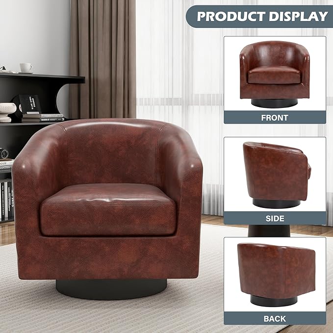 UIXE 360° Swivel Barrel Accent Chair Armchair, PU Leather Round Club Arm Chair for Lving Room, Modern Upholstered Small Bedroom Single Sofa Seat - Red Brown, Set of 2