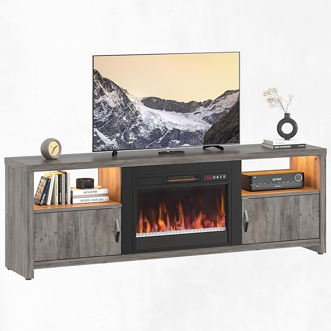 Bestier 70 Inch Fireplace TV Stand for 75" TVs, Modern Entertainment Center with LED Lights, Storage Cabinets and Adjustable Shelves for Living Room, Wash Grey