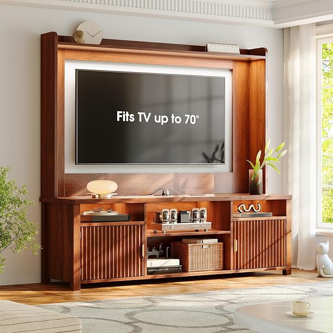 70.9"H TV Stand, Modern Chic Entertainment Center for TVs Up to 70 inches, Extra 4 Storage Wooden Shelves, Magnetic cabinet doors & Curved Profile Design, Media Console for Living Room, Walnut Brown