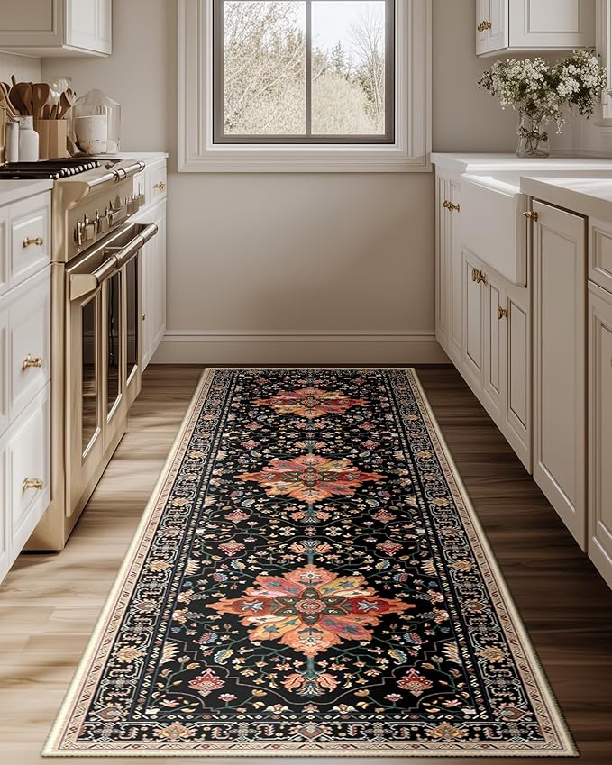 Area Rugs 2'x8' Washable Non-Slip, Floral Vintage Distress Print Pattern Medallion Carpet for Living Room Bedroom Dining Room, Black Colorful Floral Dark Tan