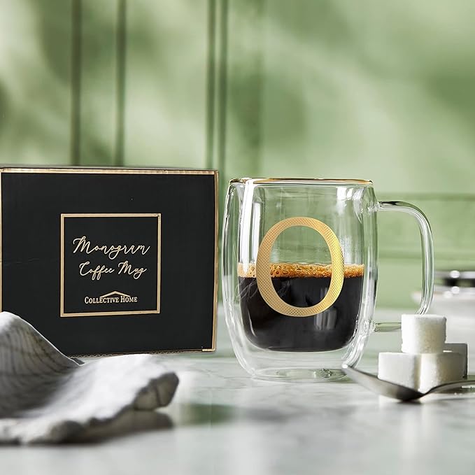 COLLECTIVE HOME - Double Walled Glass Coffee Mugs, Insulated Coffee Mug with Handle, Personalized Gifts for Women, Men, Christmas, 14 oz Monogram Cups (O)