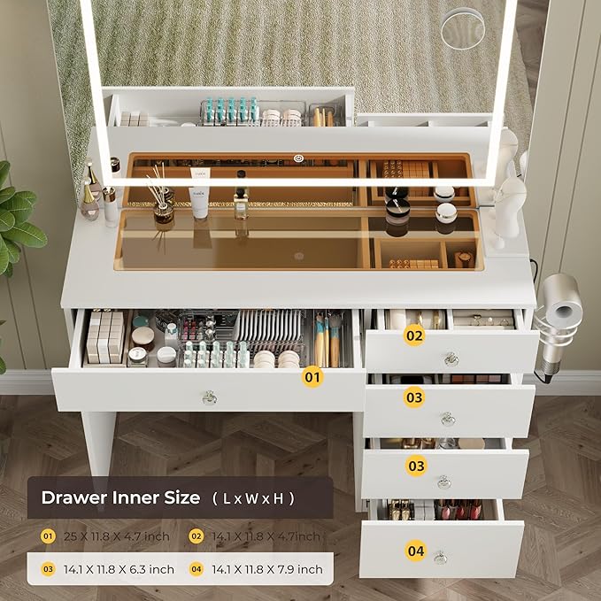 39" Vanity Desk with Mirror and Lights, 5 Drawers Makeup Vanity Desk with Tempered Glass top, 3 Lighting Modes Adjustable Brightness, White Vanity with Magnetic 5X Magnifier for Bedroom