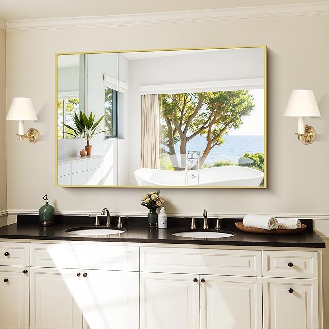KOCUUY 30x48 Inch Large Gold Wall Mounted Mirror,Aluminum Framed Decorative Rectangular Bathroom Mirror for Wall Over Sink,Vanity Mirror for Bedroom Living Room Bathroom,Functional Oversized Mirror