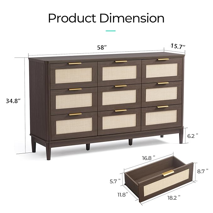 LINSY HOME Rattan Dresser for Bedroom with 9 Drawers, 58" Wide Chest of Drawers, Mid Century Modern Dresser TV Stand with Metal Handle, Wood Closet Storage Cabinet for Living Room, Hallway, Walnut