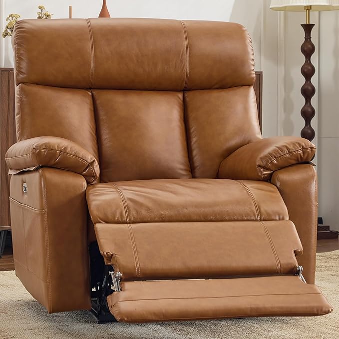 AEDI 450lbs Genuine Leather Power Recliner Chair for Big and Tall Adults Oversized Electric Reclining Sofa for Living Room,Extra Wide 27.5” Seat,Extended Footrest,USB Charging(Top Grain Leather,Camel)