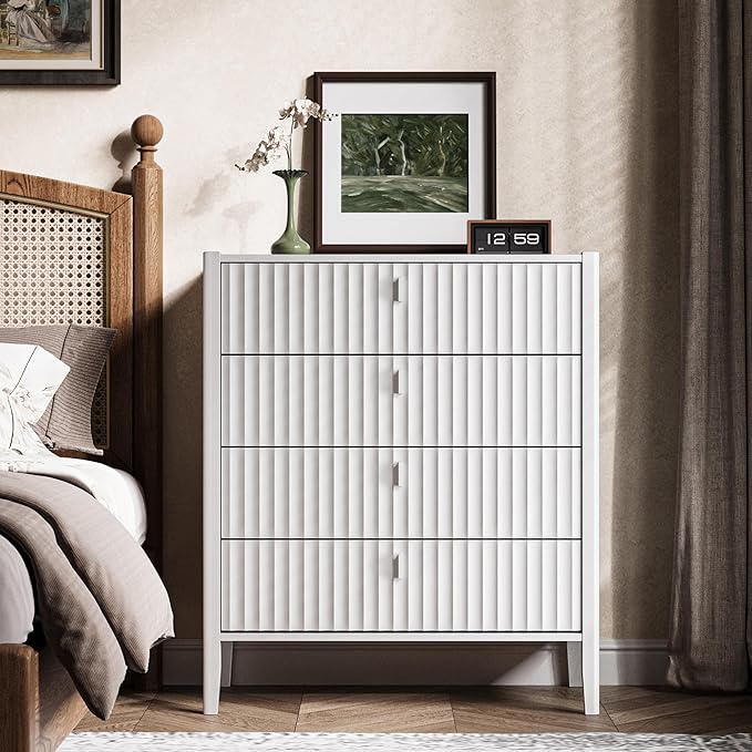 White 4 Drawer Dresser, Modern Chest of Drawers for Bedroom, Wood Storage Dresser Organizer with Deep Drawers for Clothes, Nightstand for Bedroom, Hallway, Living Room, Entryway
