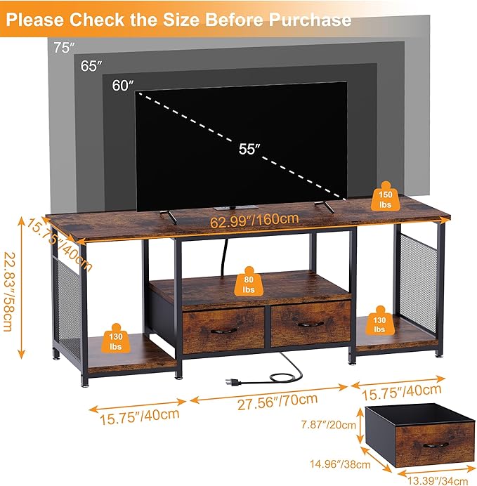 TV Stand with Drawers and Power Outlets for 75 70 65 Inch TV, Entertainment Center with Open Storage Shelves, Industrial Media TV Console Table for Living Room Bedroom Office, Rustic Brown