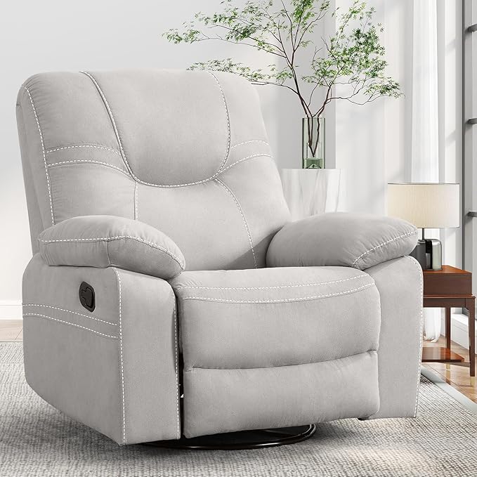 ANJ Oversized Swivel Rocker Recliner Chair for Adults, Manual Rocking Recliner Glider Recliner Nursery Chair Clearance with Decorative Stitching Soft Fabric Thick Cushion for Living Room Bedroom