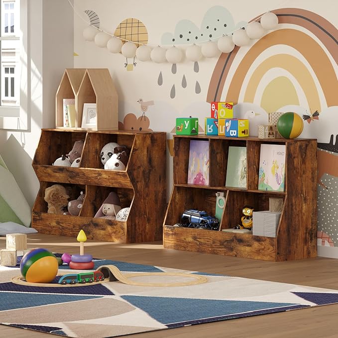 DINZI LVJ Kids Bookshelf, Toy Storage Organizer, Wooden Toy Storage Cabinet, 4 Cubby Children Bookcase, 39.4" L Toddler Book Shelf for Bedroom, Nursery, Hallway, School, Rustic Brown