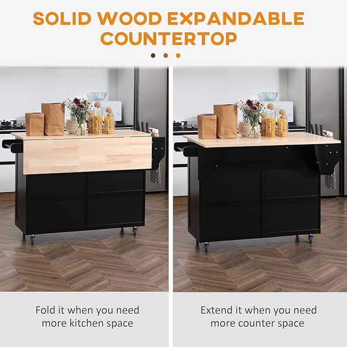 HOMCOM Rolling Kitchen Island Cart with Drop Leaf, Kitchen Cart on Wheels with Rubber Wood Top, 2 Drawers and 2 Storage Cabinets, Island Table for Kitchen, Dining Room, Black