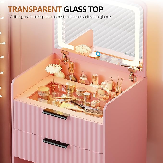 LED Fluted Compact Vanity Desk with Flip Top Mirror, 3 in 1 Small Makeup Table with Glass Desktop, Storage Compartment and Cushioned Stool with Wheels,3 Drawers, for Girl Bedroom Pink