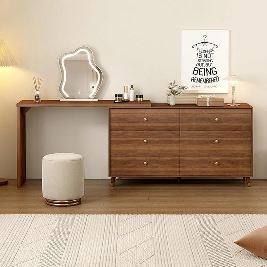 Makeup Vanity Desk Set with Cloud-Pattern HD Lighted Mirror and Stool, 50-90in Extendable Modern Vanity Table, 6-Drawer Solid Wood Frame Storage Cabinet, Bedroom Dressing Table, Brown