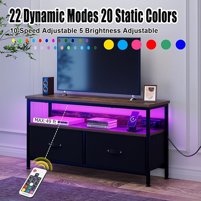 39" TV Stand for TVs up to 50", Media Console with Charging Station & LED Lights, 2 Drawer Storage Chest, Gaming Entertainment Center with Storage for Living Room, Brown, Medium