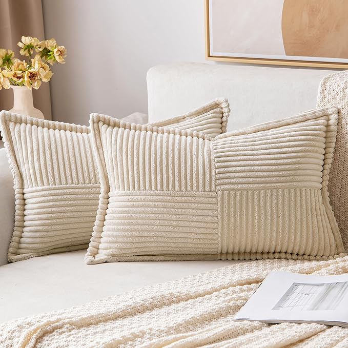 MIULEE Decorative Lumbar Throw Pillow Covers for Couch Bed Livingroom 14x24 Inch Set of 2 Beige Boho Accent Throw Pllows Broadside Striped Patchwork Soft Corduroy Pillowcases