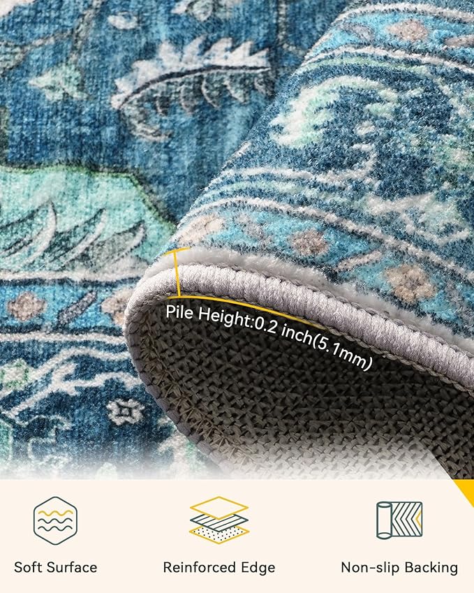 Area Rugs 5'x8' Washable Non-Slip, Floral Vintage Distress Print Pattern Medallion Carpet for Living Room Bedroom Dining Room, Teal Green Lake Blue Turquoise