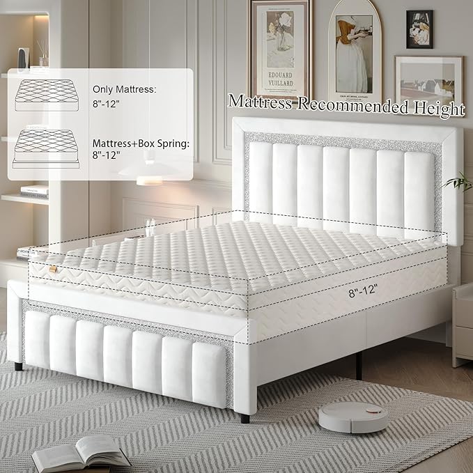 HOMBCK Queen Bed Frame, Upholstered Platform Bed with Headboard and Footboard, Bed Queen Size with Diamond Design and Wooden Slats Support, No Box Spring Needed, Easy Assembly, White