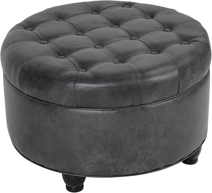 Homepop Home Decor |Button Tufted Faux Leather Round Storage Ottoman | Ottoman with Storage for Living Room & Bedroom (Gray)