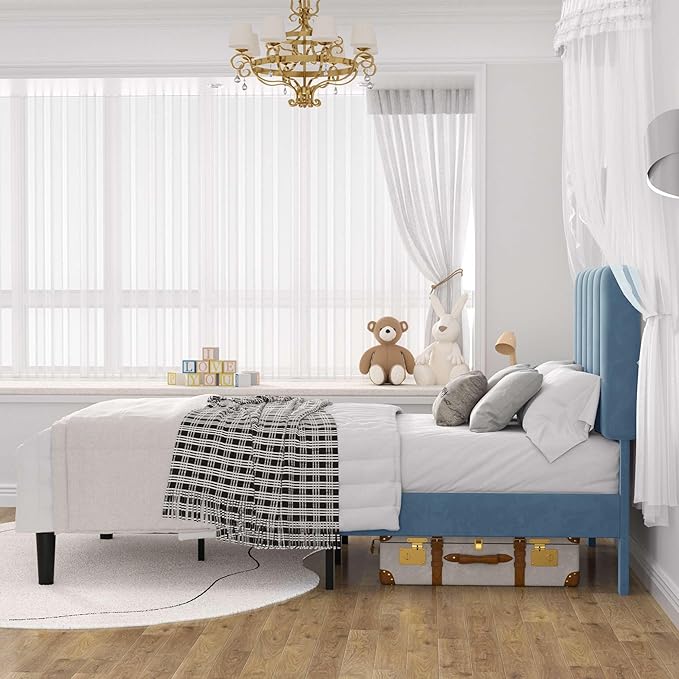 VECELO Twin Size Bed Frame with Upholstered Headboard, Velvet Platform Bedframe Mattress Foundation, Strong Wood Slat Support, No Box Spring Needed,Sky Blue