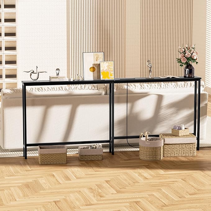 VASMIA 70.9 Inch Narrow Console Table with Outlet,Bamboo Sofa Table,Behind Couch Table,Skinny Hallway Table for Entryway Living Room,Foyer,Black