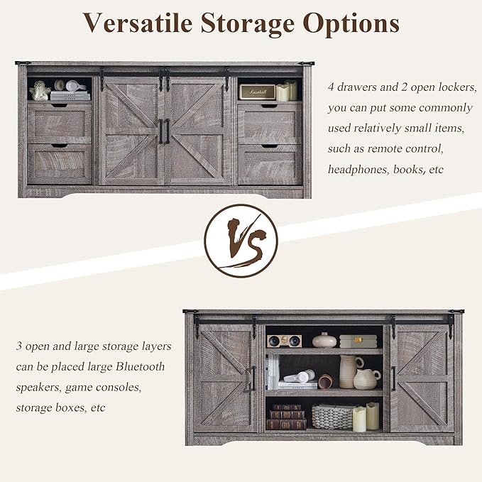 LINGMU Farmhouse TV Stand for 75 80 Inch TV, 32" Tall Entertainment Center w/4 Drawers & Sliding Barn Door, Rustic Media Console w/Storage Shelves, 66" Wood Television Stand for Living Room, Grey