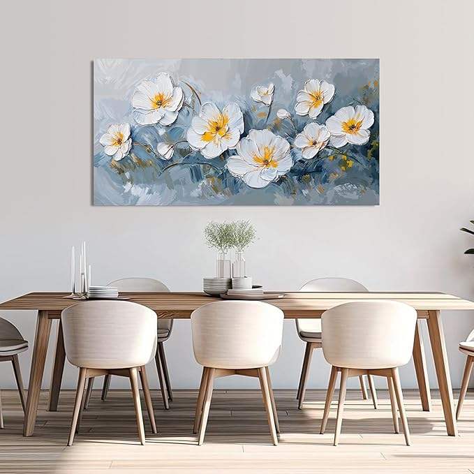 KUPTEU Canvas Wall Art Decor Large Wall Art Pictures for Living Room White Flowers Wall Art Prints Canvas Art Wall Decor Hallway Decorations Artwork for Walls Bedroom Home Aesthetic Decor 24" X 48"