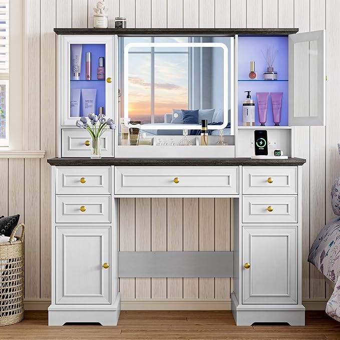 Vanity Desk with HD Lighted Mirror & Power Outlet, Farmhouse Makeup Vanity Table Set with Storage Drawers & RGB Cabinets, Large Dressing Table with 3 Lighting Modes for Women Girls Kids Bedroom, White