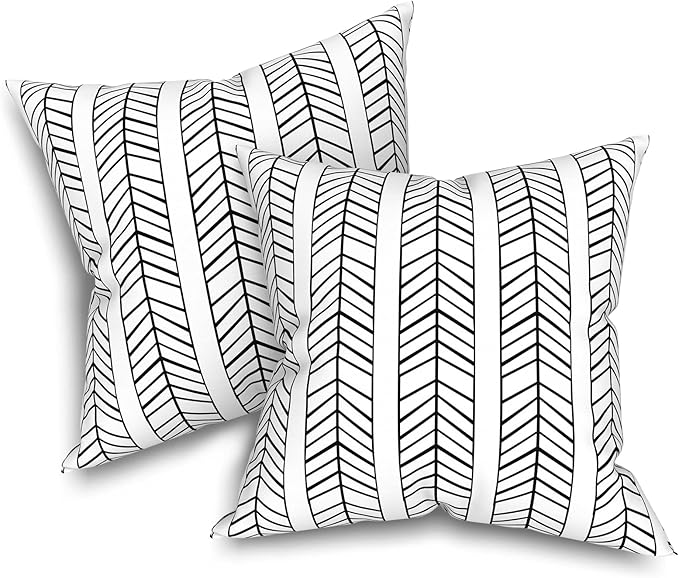Outdoor/Indoor Throw Pillow Covers Set of 2, All Weather Square Pillow Cases 16x16 Inch, Patio Cushion Pillow of Home Furniture Use, HerringboneWhite