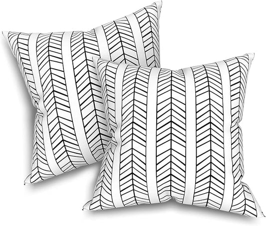 Outdoor/Indoor Throw Pillow Covers Set of 2, All Weather Square Pillow Cases 16x16 Inch, Patio Cushion Pillow of Home Furniture Use, HerringboneWhite
