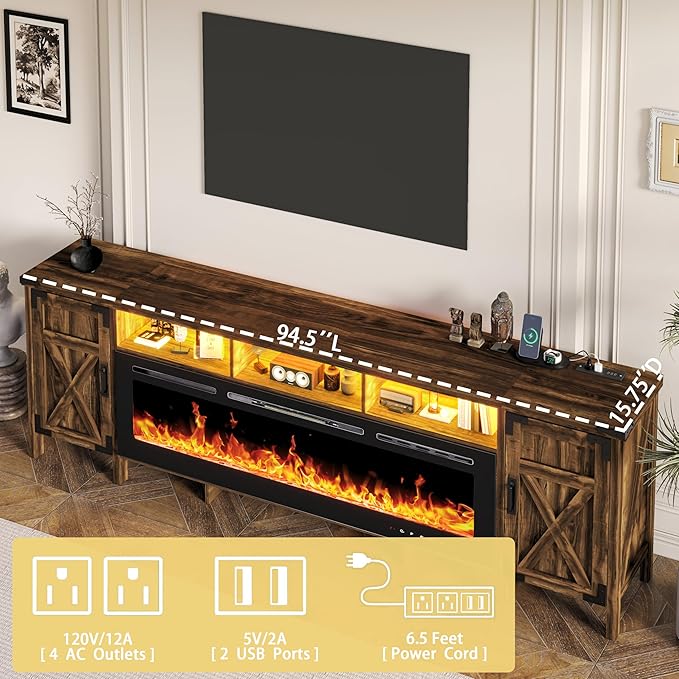 94.5" Fireplace TV Stand for TVs Up to 100", Farmhouse Entertainment Center with 60" Electric Fireplace & LED Lights, Large TV Console for Living Room, Barn Door Cabinet & Open Shelf, Brown