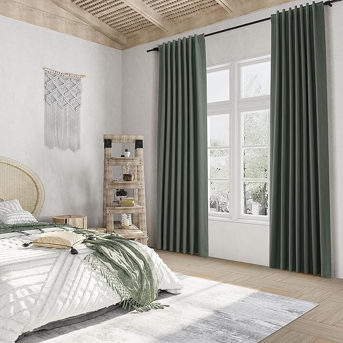 Guken Olive Green Blackout Curtains 84 Inch Length 2 Panels Set for Living Room Bedroom Back Tab Thermal Insulated 100% Black Out Linen Drapes Room Darkening Window Curtains 84 Inches Long