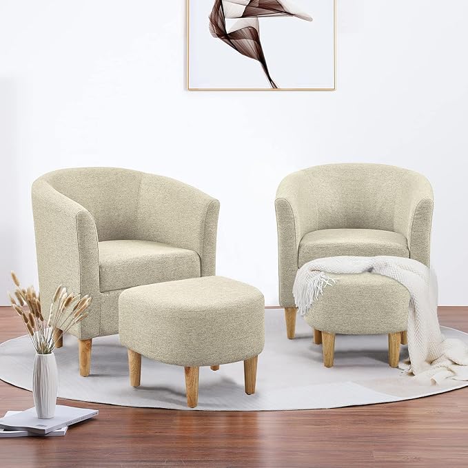 DAZONE Accent Chair Set of 2 Mid Century Modern Chair with Ottoman Comfy Armchair Footrest Set Comfortable Living Room Chairs Upholstered Barrel Club Tub Sofa Chair for Bedroom Reading Room Beige