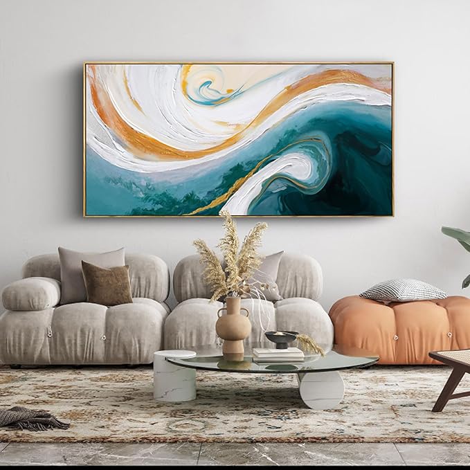 XLSJERST Abstract Canvas Wall Art for Living Room - Large Frame Blue and White Wall Decor Picture Modern Orange Painting Artwork for Bedroom Home Office Decoration Size 40x20 Inches