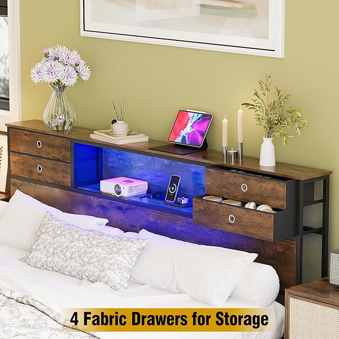GiftGo King Size Headboard with 4 Fabric Storage Drawers Charging Station LED Light Adjustable Height Storage Rack Sturdy and Stable Metal Frame & Wood Shelf (Rustic Brown, King (U.S. Standard))