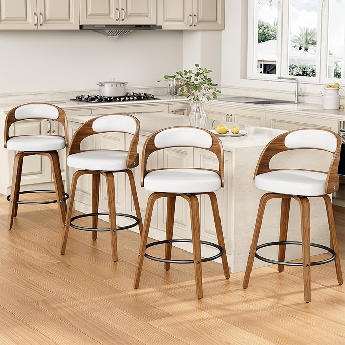 Swivel Bar Stools Set of 4, 26" Counter Height Bentwood Barstool, Mid-Century Modern PU Leather Upholstered Bar Chair with Back and Footrest, for Kitchen Island, Bar, Cafe, Dining Room, White