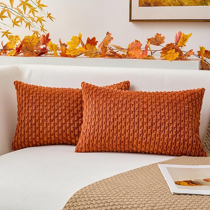 Kevin Textile Pack of 2 Fall Corduroy Decorative Throw Pillow Covers 12x20 Inch Soft Boho Striped Pillow Covers Modern Farmhouse Home Decor for Sofa Living Room Couch Bed Rust